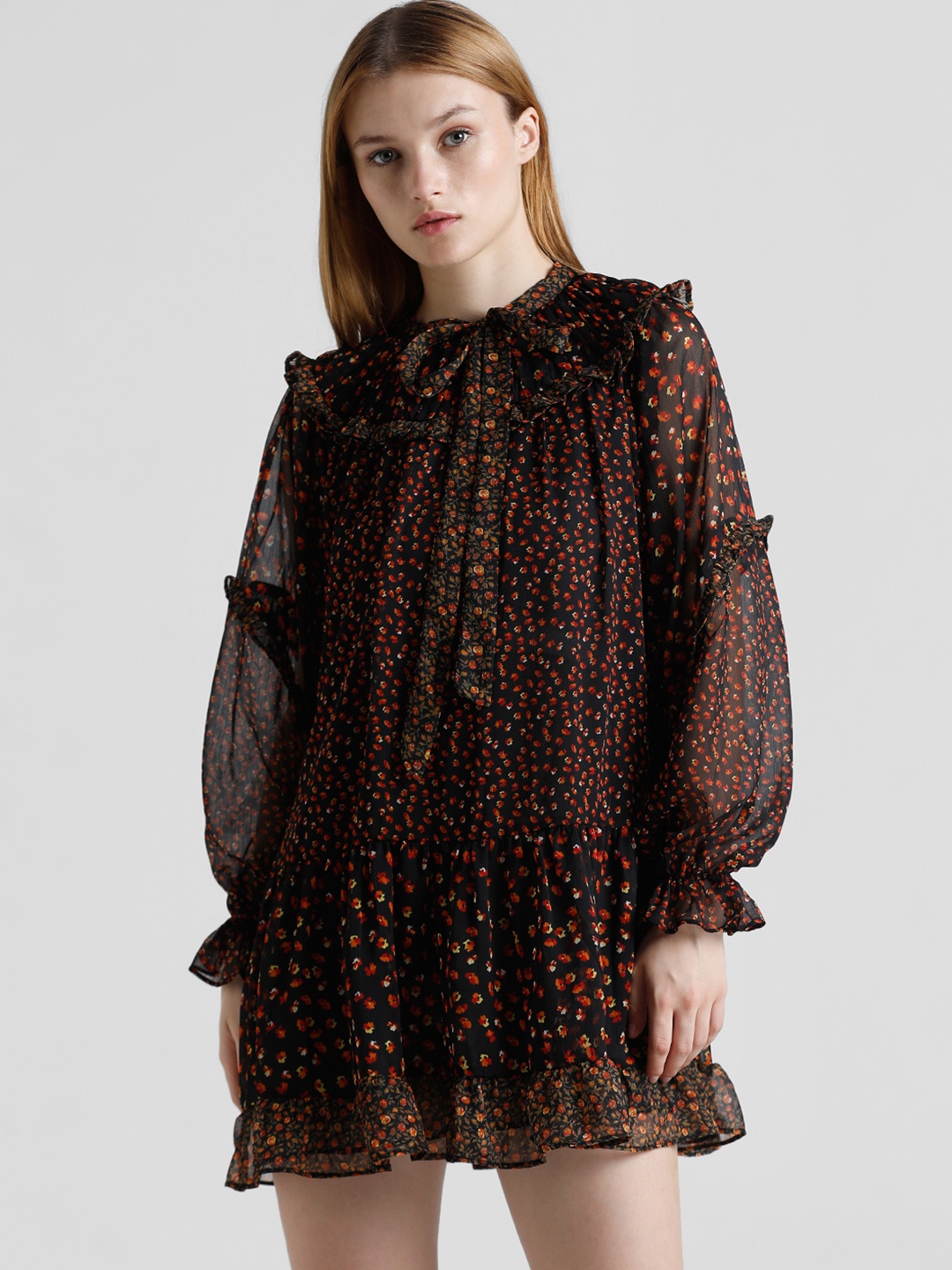 

ONLY Floral Print Puff Sleeve A-Line Mini Dress, Black