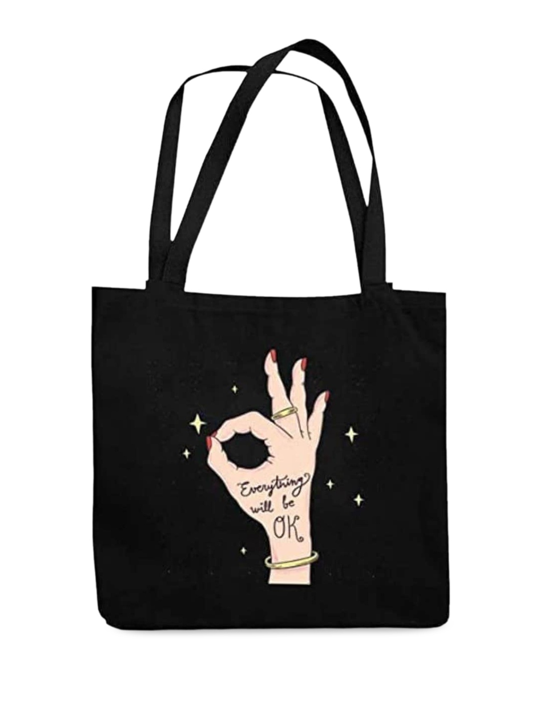 

THEYAYACAFE Graphic Printed Structured Tote Bag with Applique, Black