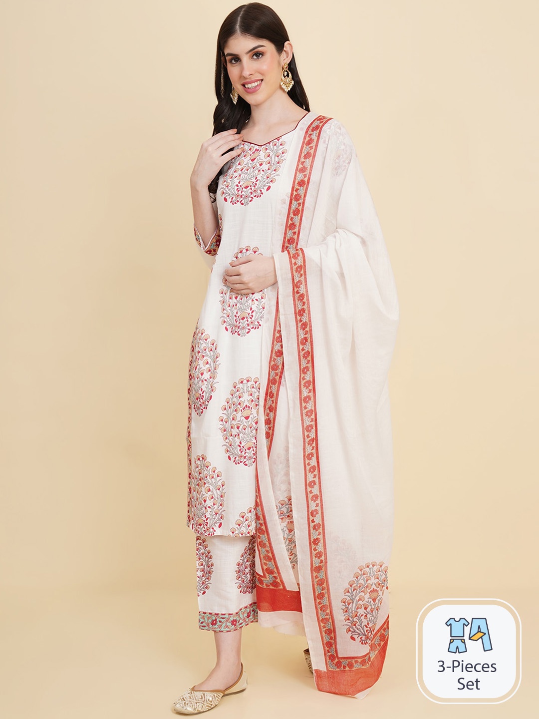 

Royal Export Floral Printed Kurta with Trousers & With Dupatta, White