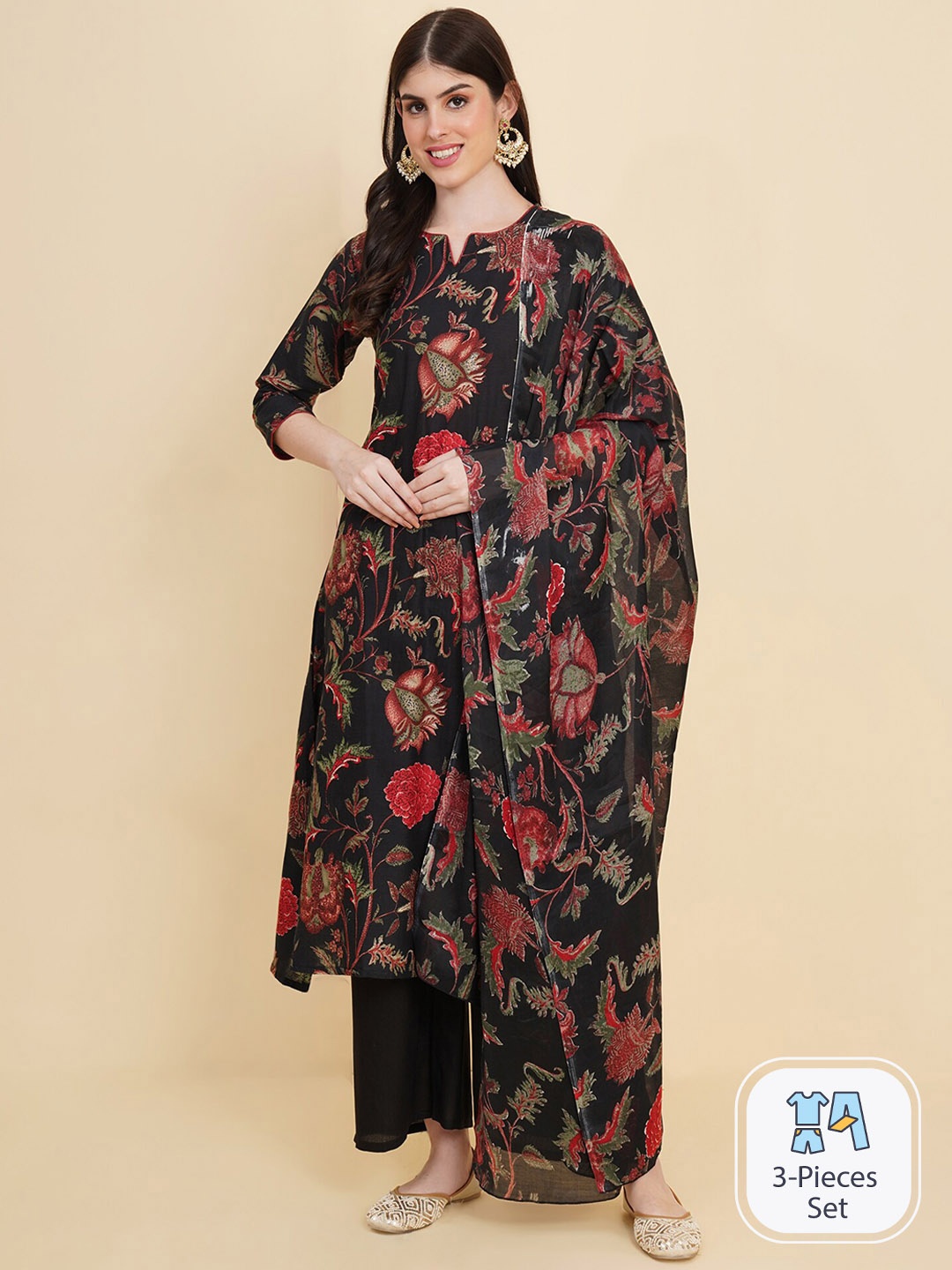 

Royal Export Floral Printed Kurta with Trousers & With Dupatta, Black