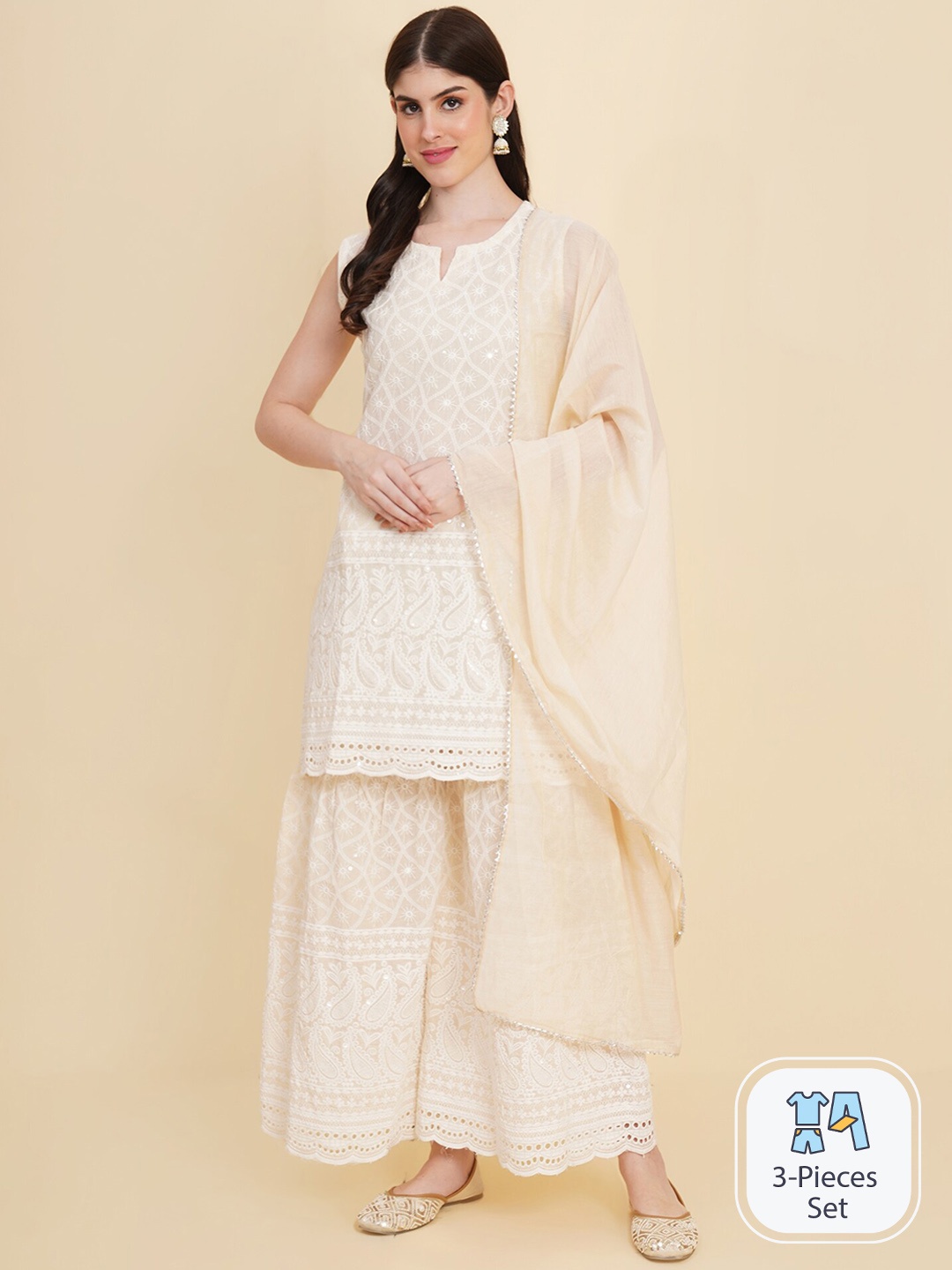 

Royal Export Floral Embroidered Sleeveless Kurta with Sharara & With Dupatta, White