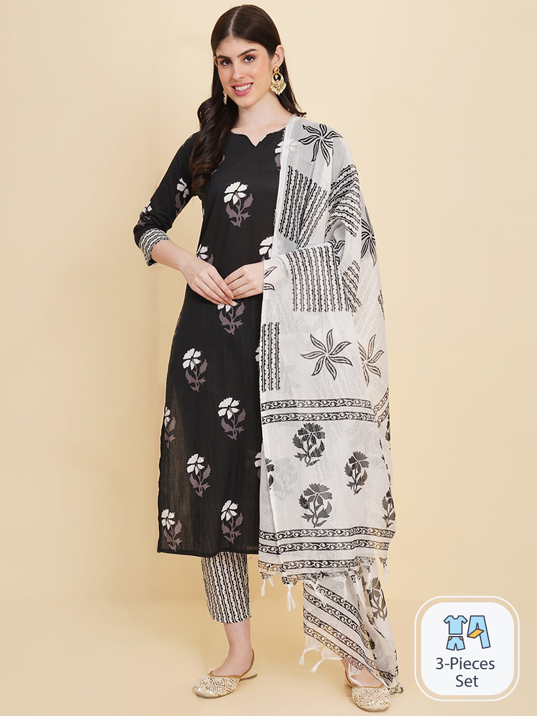 

Royal Export Floral Printed Kurta & Trousers With Dupatta, Black