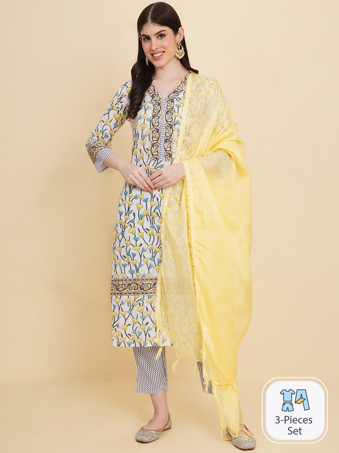 

Royal Export Floral Printed Kurta with Trousers & With Dupatta, White