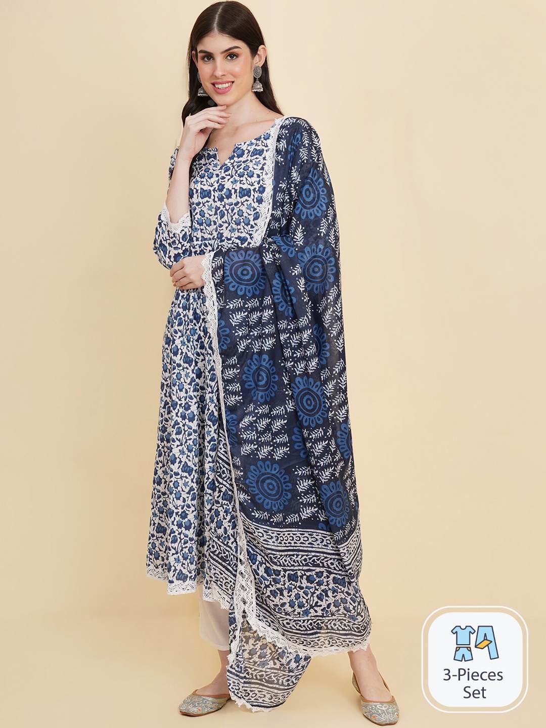 

Royal Export Floral Printed Kurta & Trousers With Dupatta, Blue