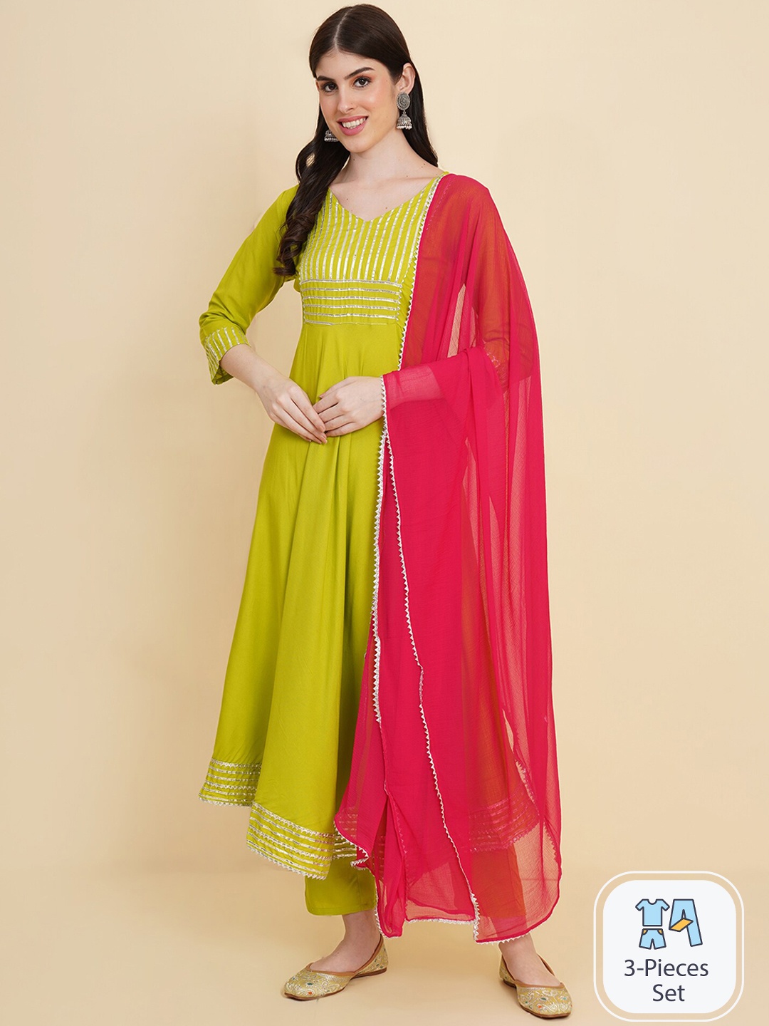 

Royal Export Gotta Patti A-Line Kurta with Trousers & With Dupatta, Green