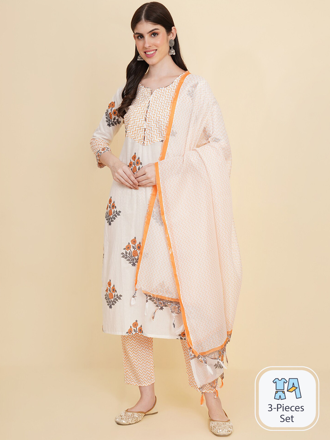 

Royal Export Floral Printed Kurta with Trousers & With Dupatta, Orange