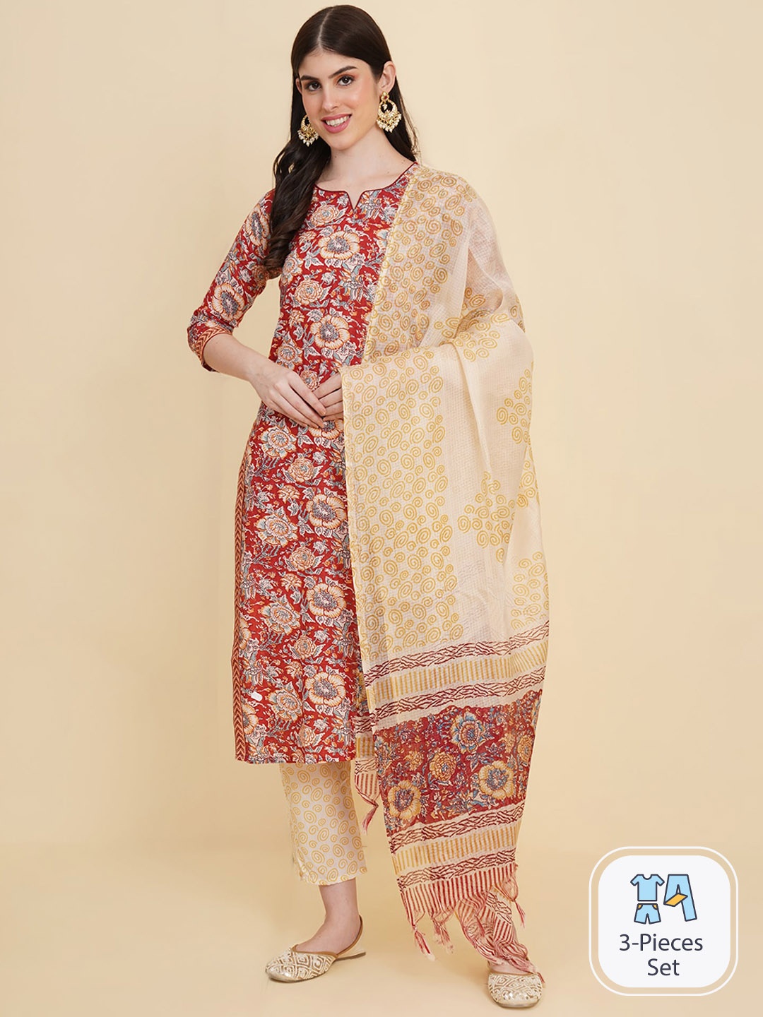 Royal Export Floral Printed Kurta with Trousers & With Dupatta, Red