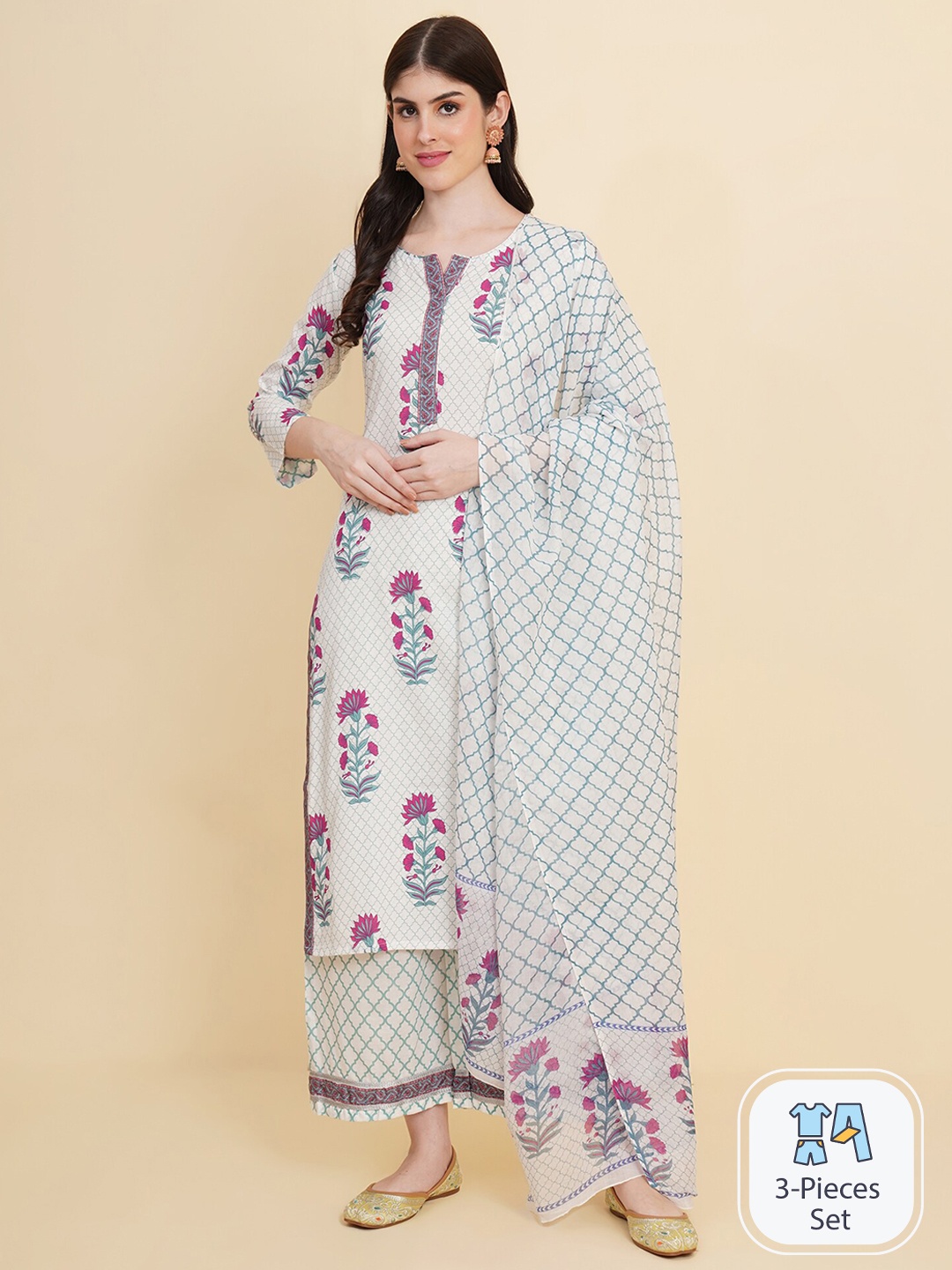 

Royal Export Floral Printed Kurta With Palazzos & Dupatta, White