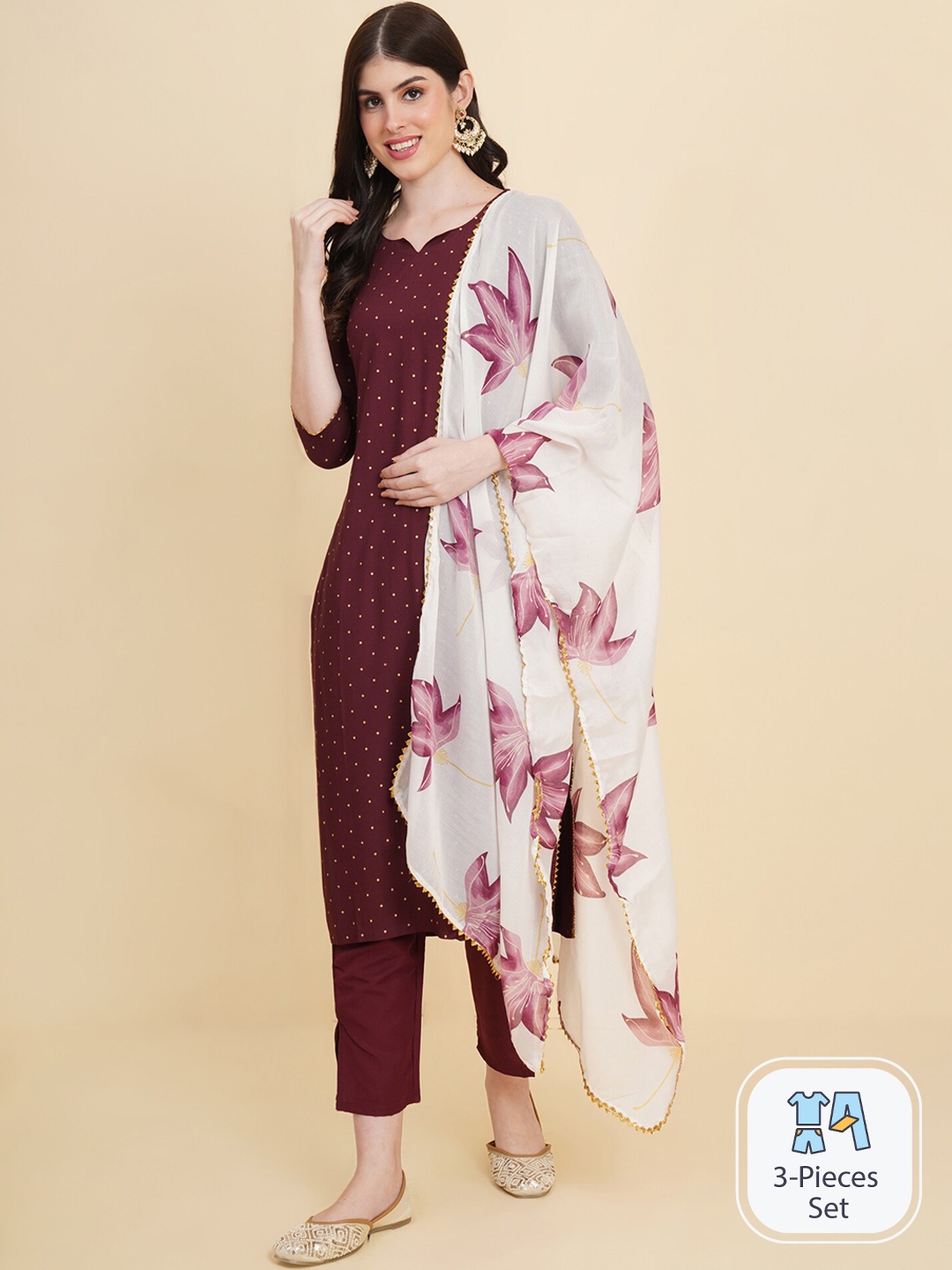

Royal Export Printed Kurta & Trousers With Dupatta, Maroon