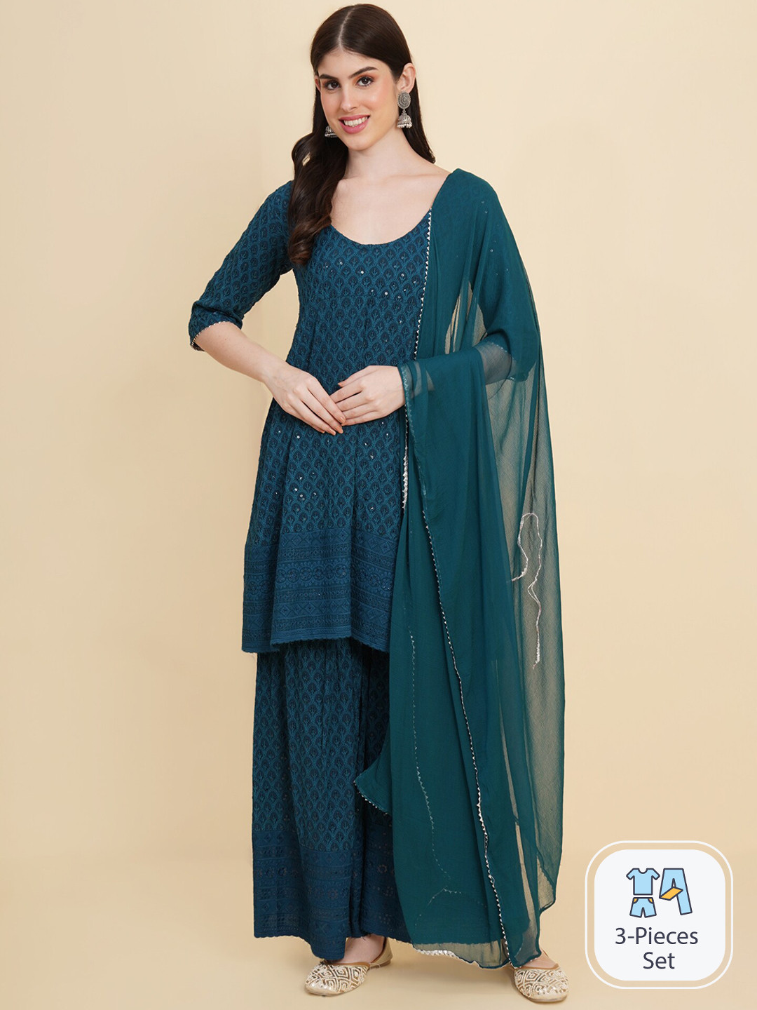 

Royal Export Floral Embroidered Empire Sequinned Kurta With Sharara & Dupatta, Blue