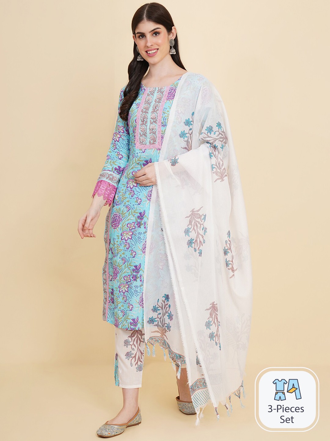 

Royal Export Floral Printed Kurta with Trousers & With Dupatta, Blue