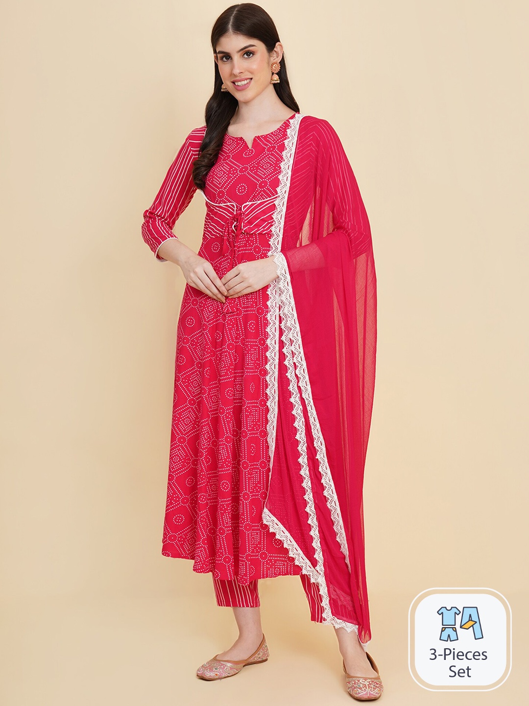 

Royal Export Bandhani Printed Kurta with Trousers & With Dupatta, Pink