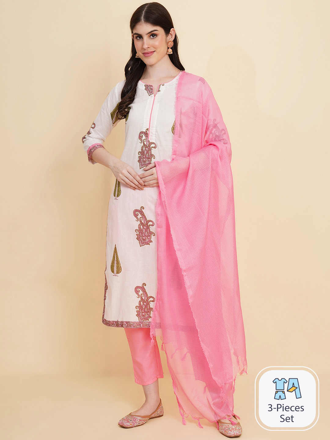 

Royal Export Floral Printed Kurta With Trousers & Dupatta, White