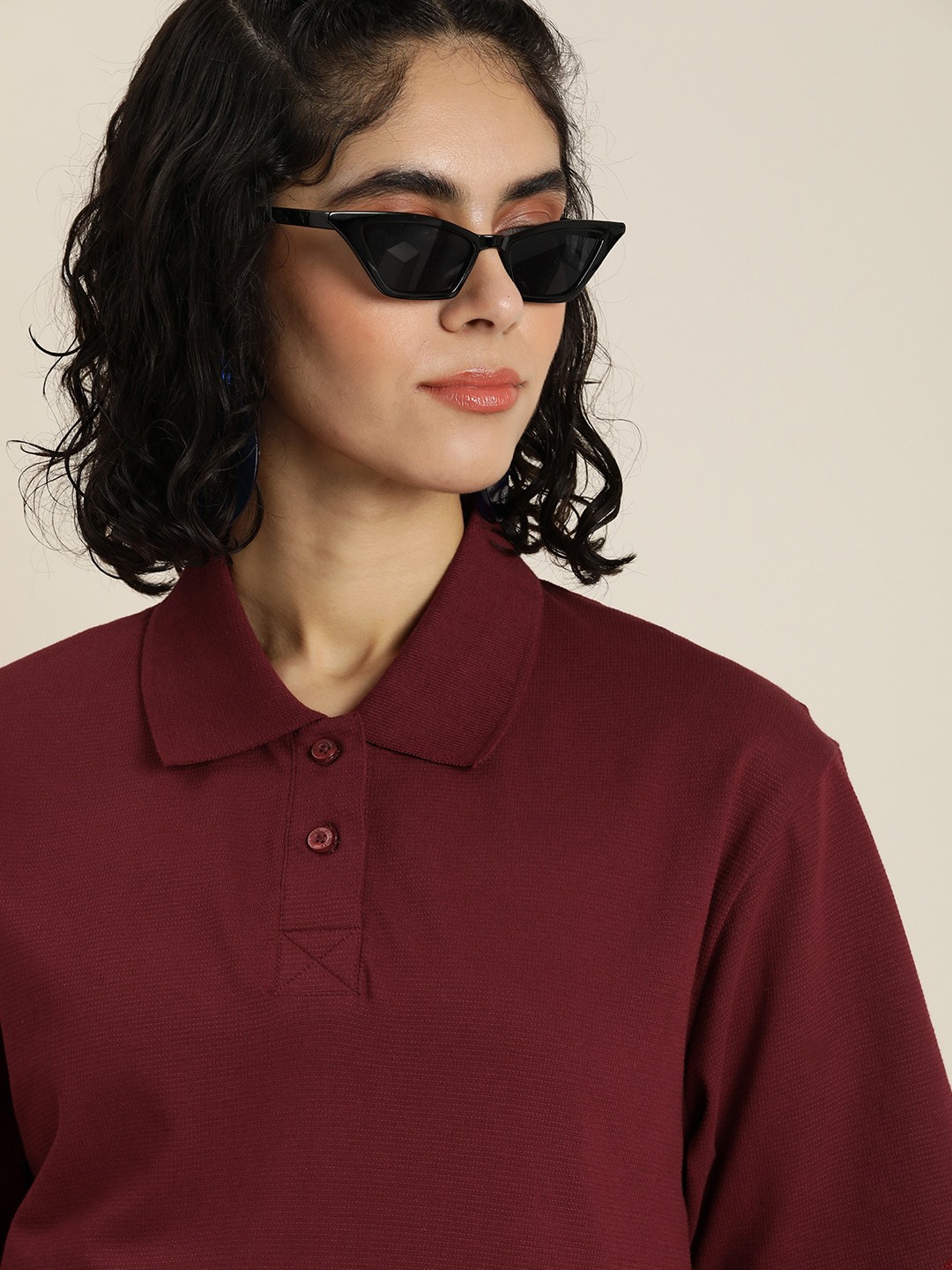 

DILLINGER Polo Collar Oversized Drop-Shoulder Sleeves Pure Cotton T-shirt, Maroon