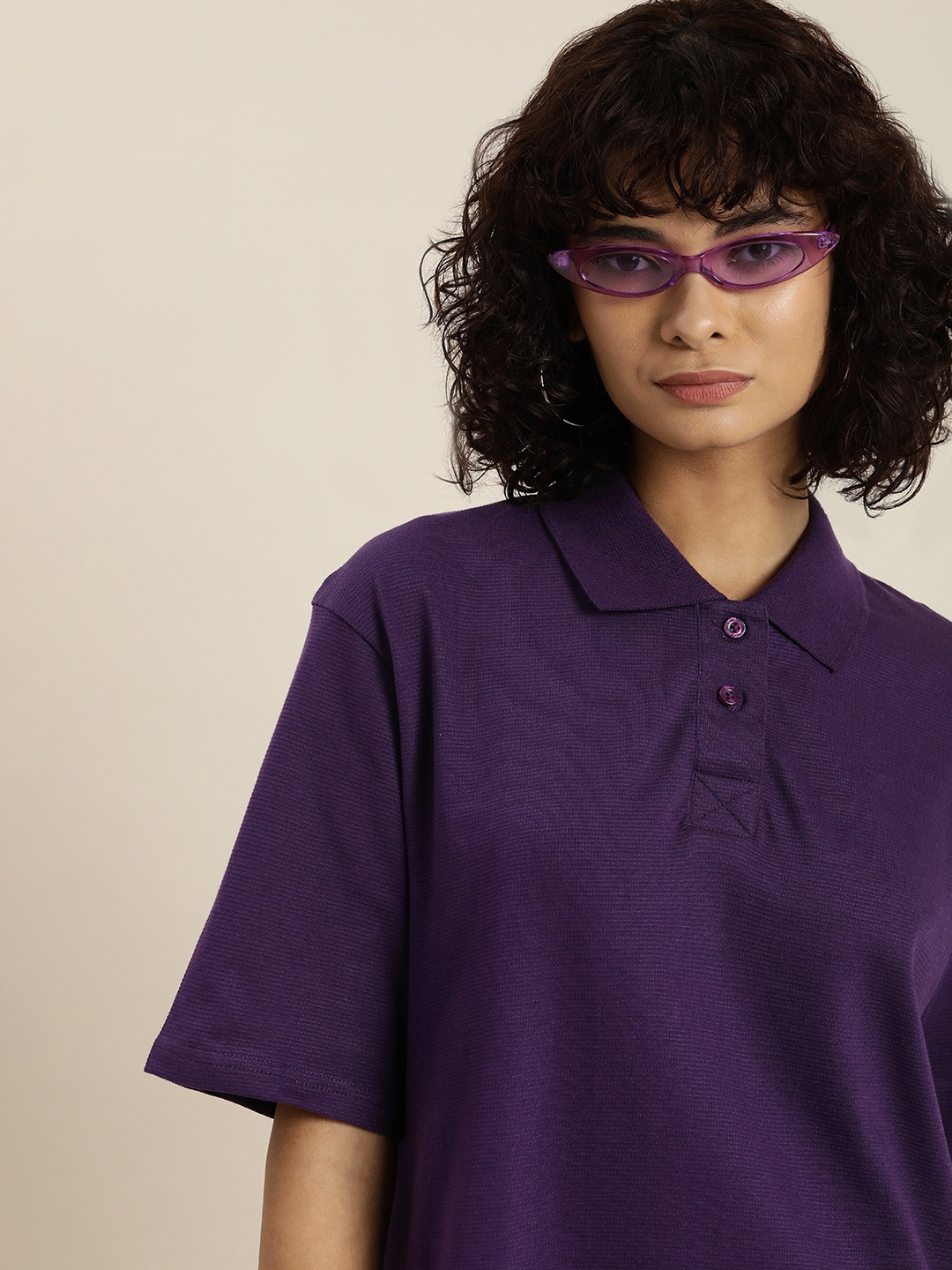 

DILLINGER Polo Collar Oversized Drop-Shoulder Sleeves Pure Cotton T-shirt, Purple