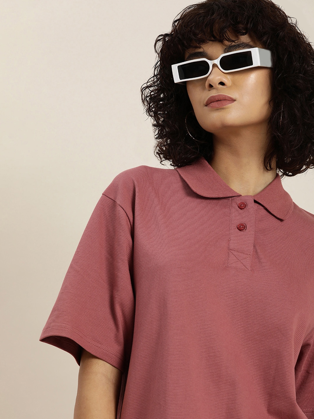

DILLINGER Womens Honeycomb Structure Oversized Polo T-shirt, Pink