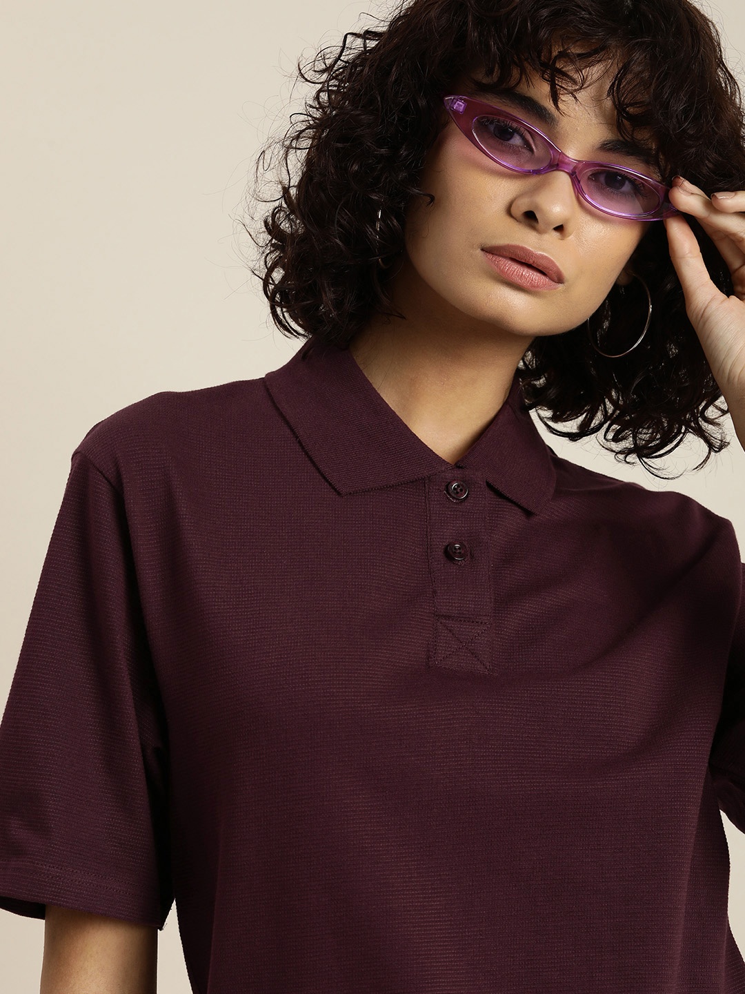 

DILLINGER Polo Collar Oversized Drop-Shoulder Sleeves Pure Cotton T-shirt, Burgundy