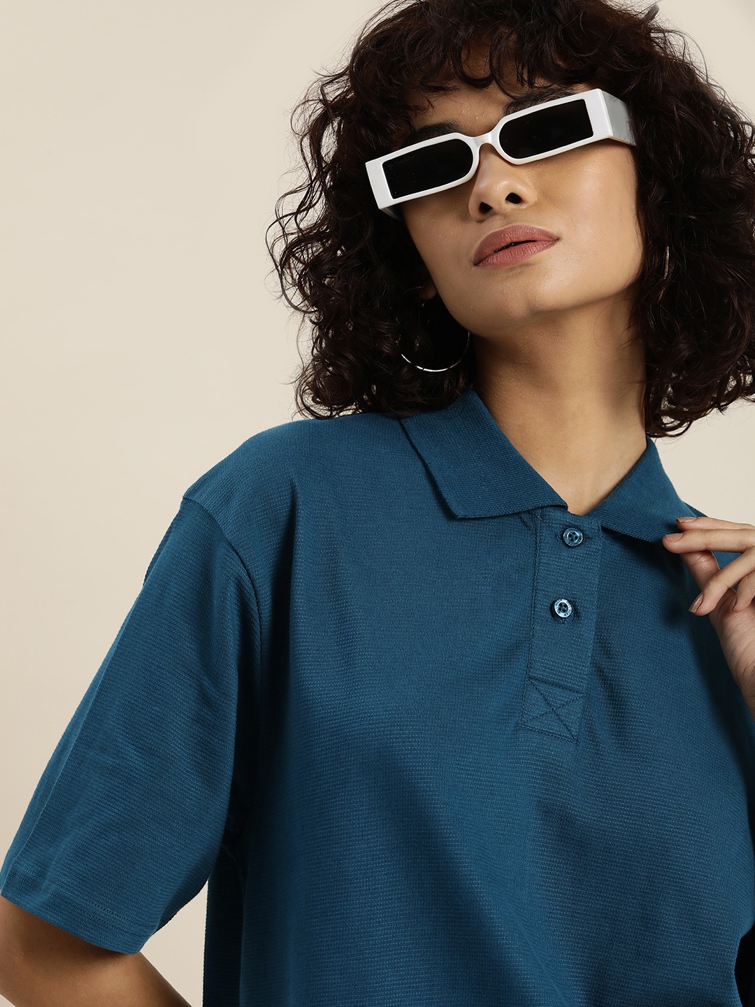

DILLINGER Polo Collar Oversized Drop-Shoulder Sleeves Pure Cotton T-shirt, Blue