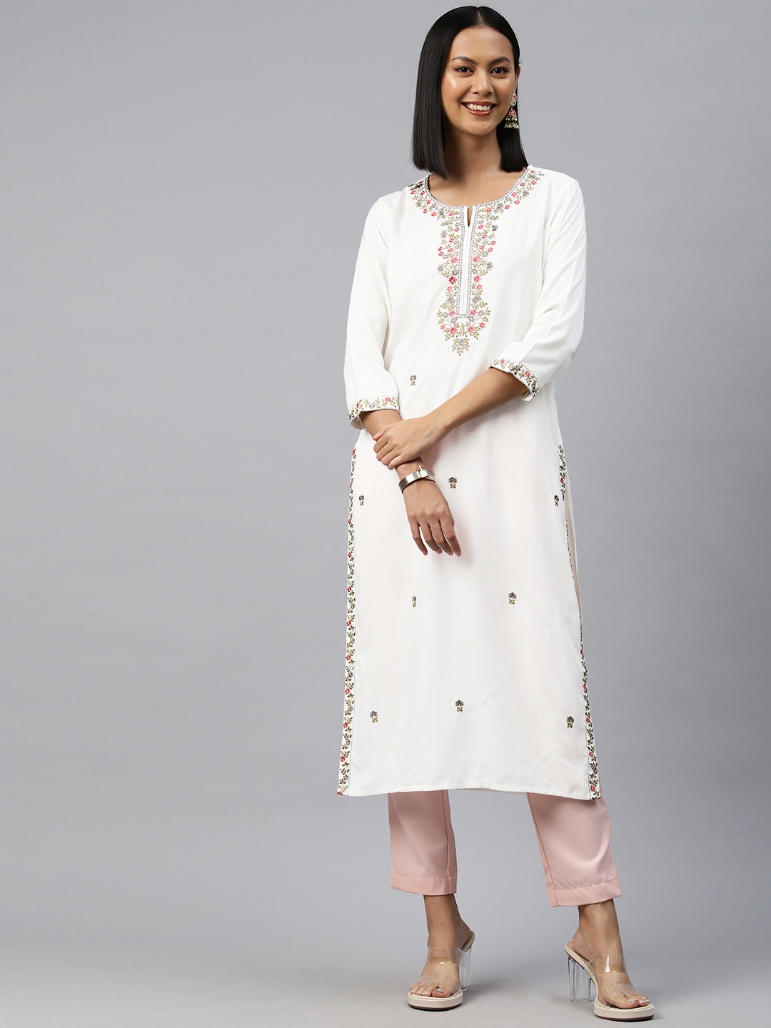 

Readiprint Fashions Floral Embroidered Thread Work Kurta, White