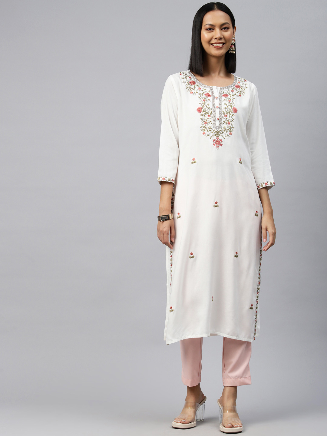

Readiprint Fashions Floral Embroidered Thread Work Kurta, White