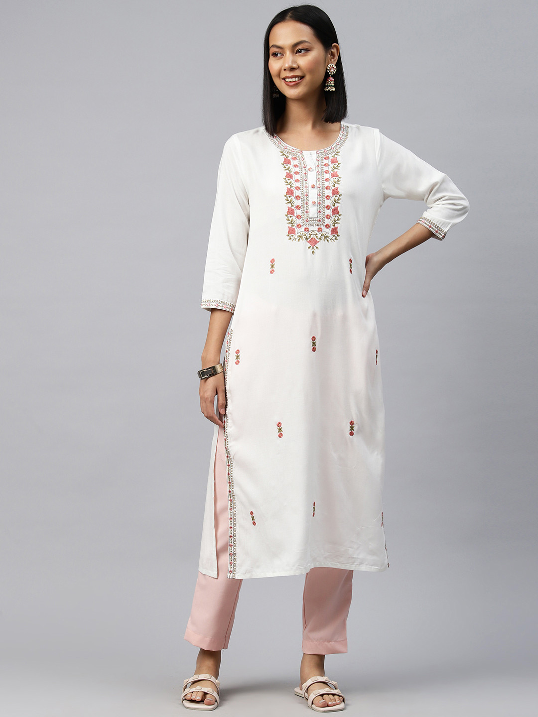 

Readiprint Floral Embroidered Mirror Work Kurta, White