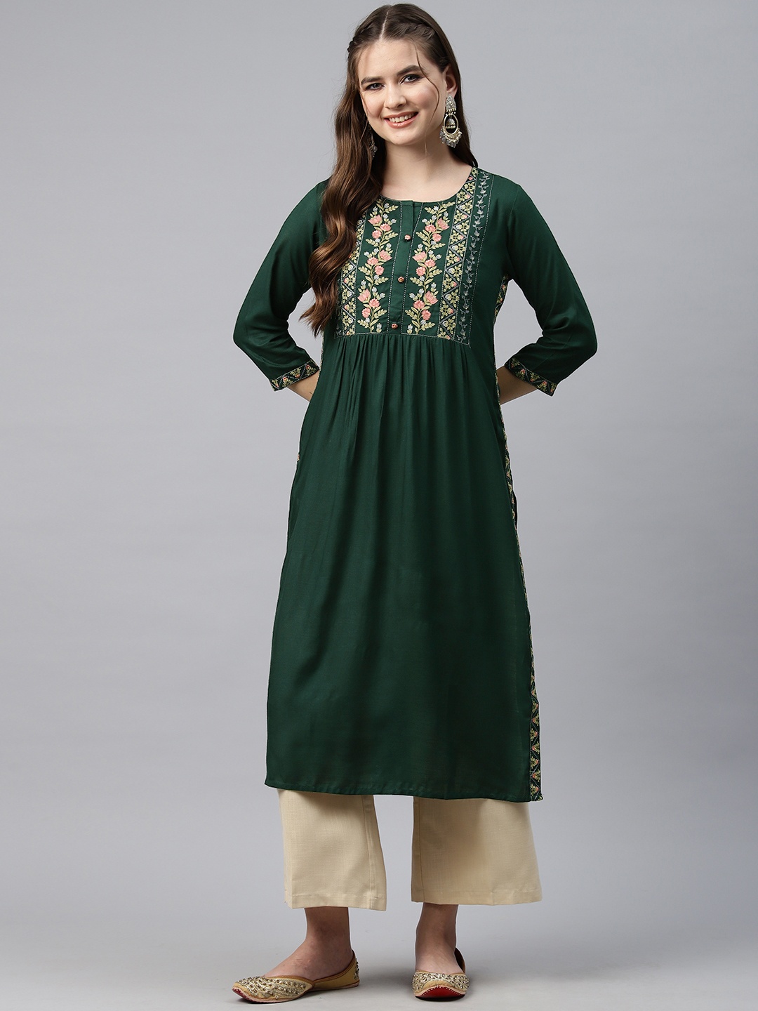 

Readiprint Floral Embroidered Thread Work Kurta, Green