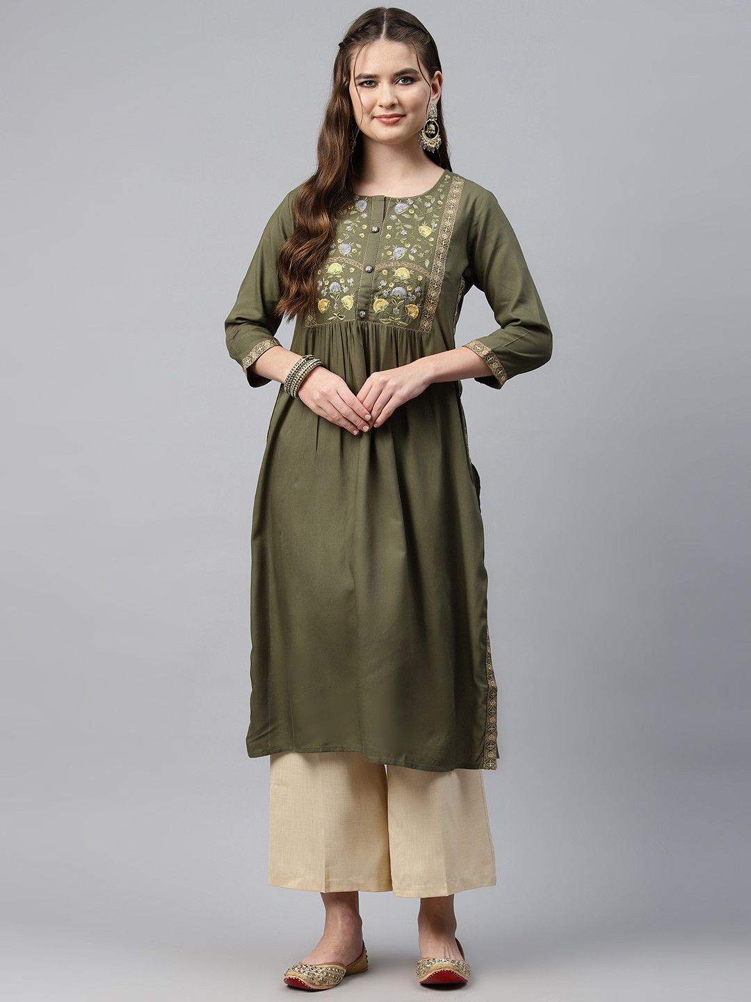 

Readiprint Fashions Floral Embroidered Thread Work Kurta, Olive