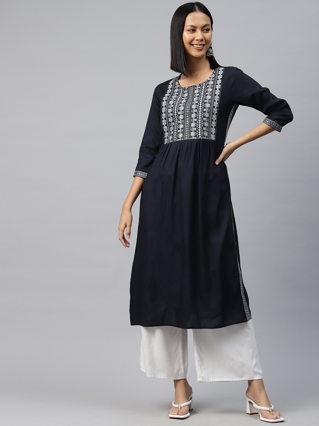 

Readiprint Fashions Floral Embroidered Mirror Work Kurta, Navy blue