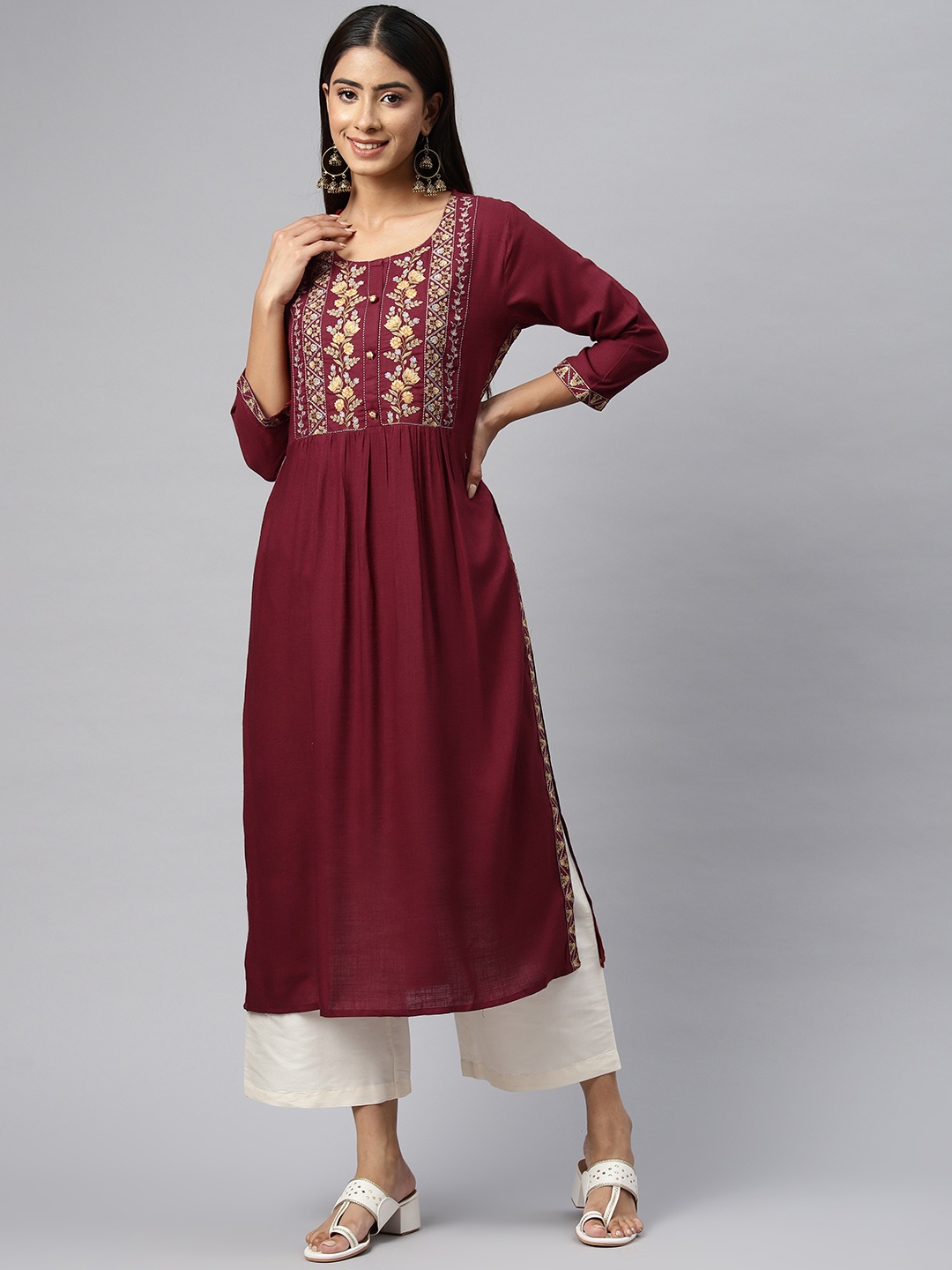 Readiprint Floral Embroidered Thread Work Kurta, Maroon