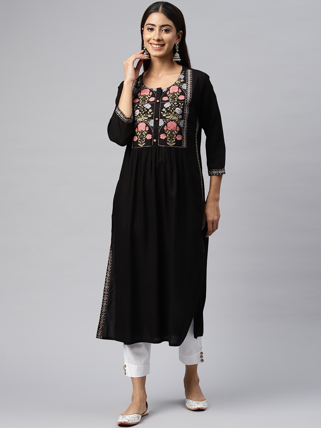 Readiprint Floral Embroidered Thread Work Kurta, Black