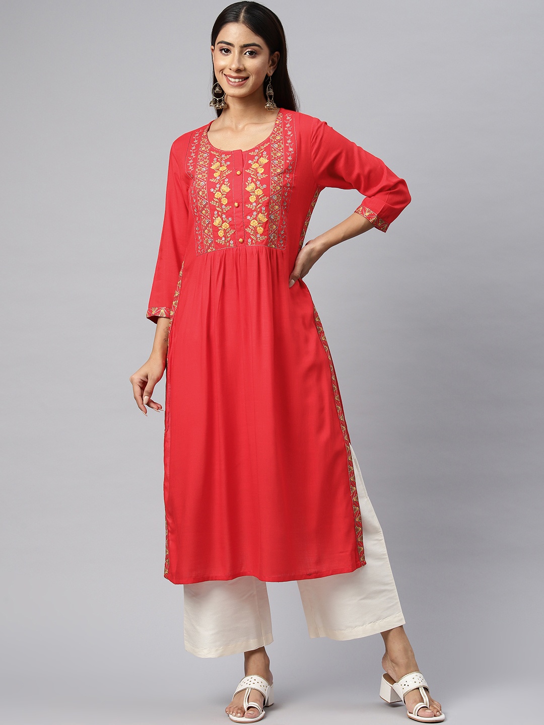 Readiprint Floral Embroidered Thread Work Kurta, Red