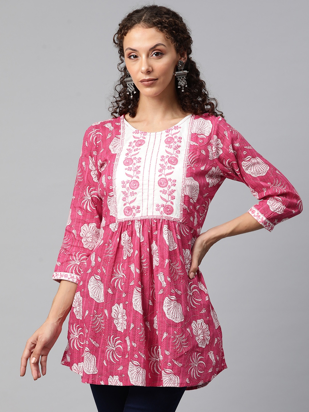 

Readiprint Floral Printed Thread Work Pure Cotton Pleated Kurti, Pink