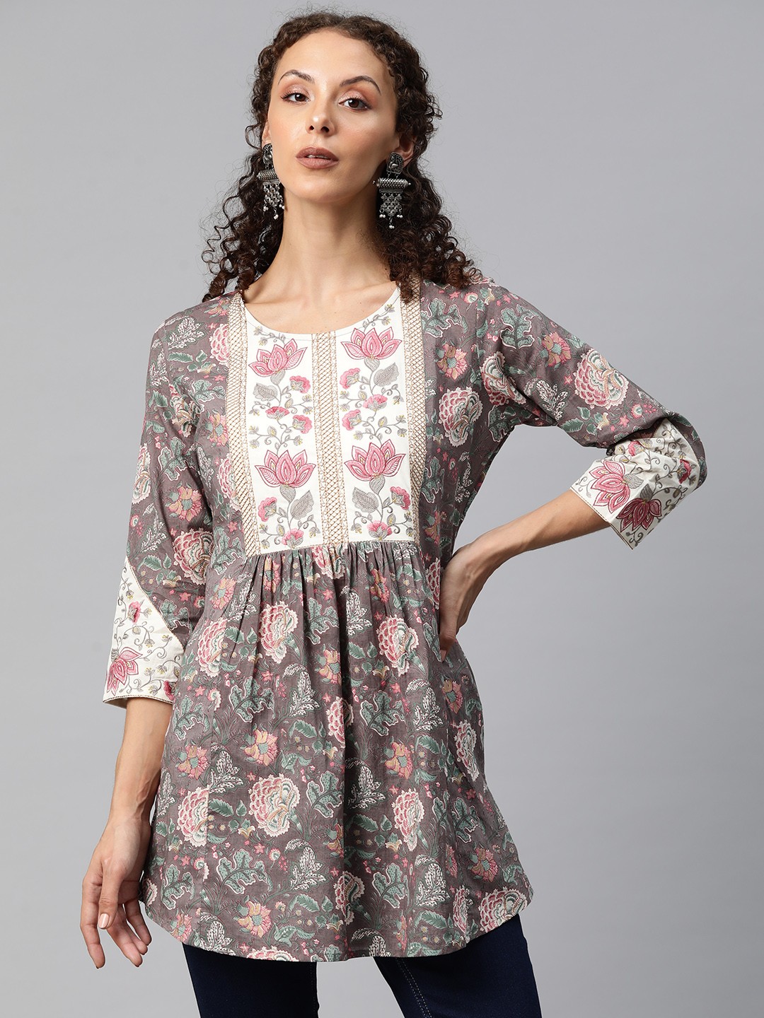 

Readiprint Fashions Floral Printed Thread Work Pure Cotton Pleated Kurti, Grey