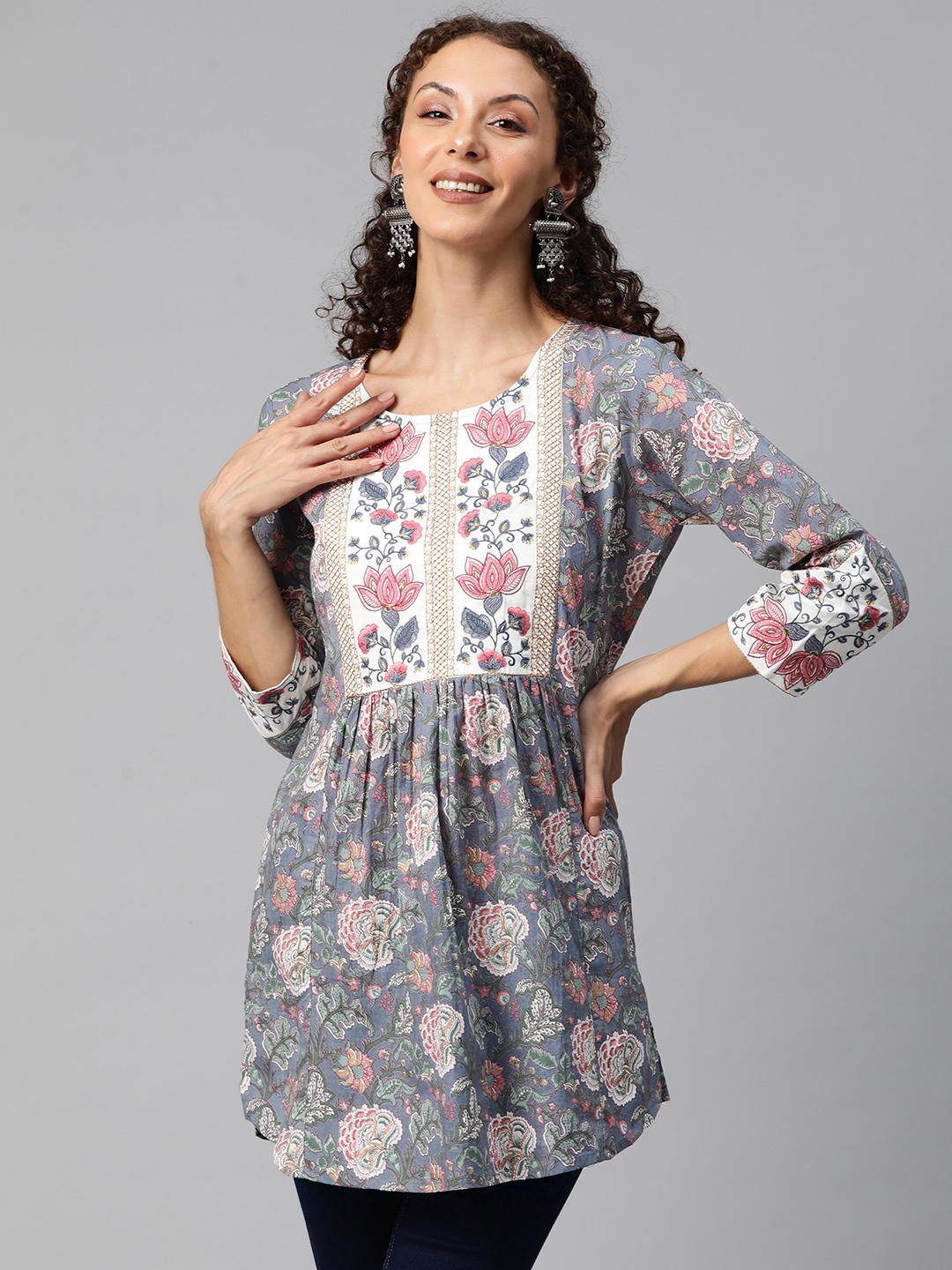 

Readiprint Fashions Floral Printed Thread Work Pure Cotton Pleated Kurti, Grey