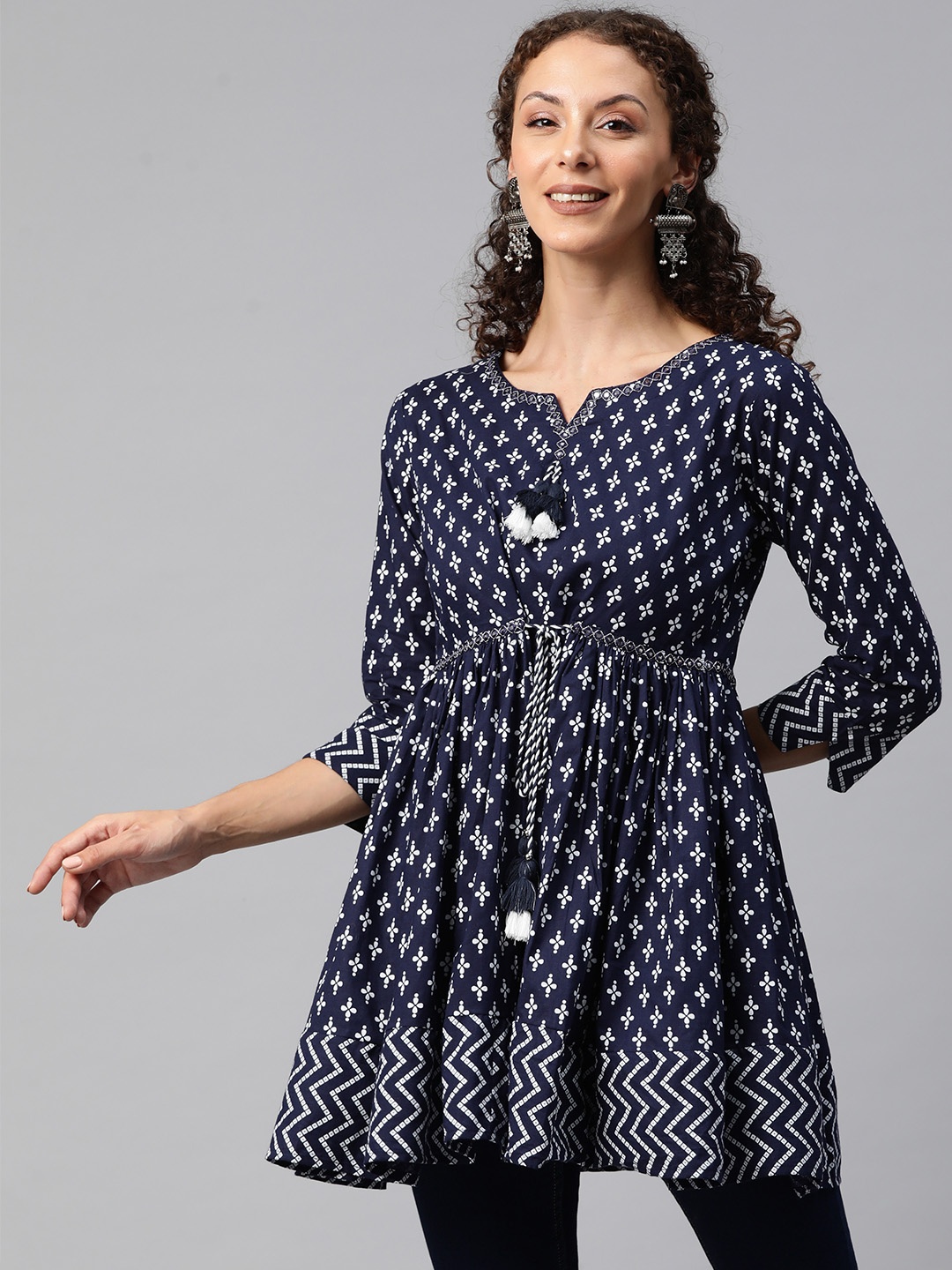 Readiprint Floral Printed Mirror Work Pure Cotton Pleated Kurti, Navy blue