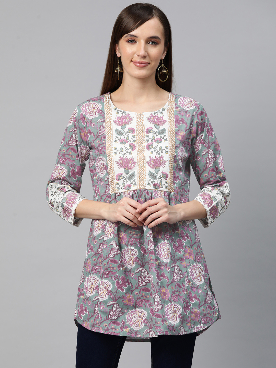 

Readiprint Fashions Floral Printed Pure Cotton Thread Work Pleated Kurti, Green