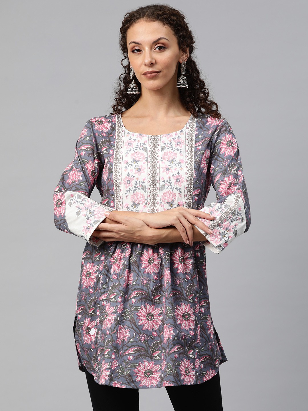 

Readiprint Floral Printed Thread Work Pure Cotton Pleated Kurti, Blue