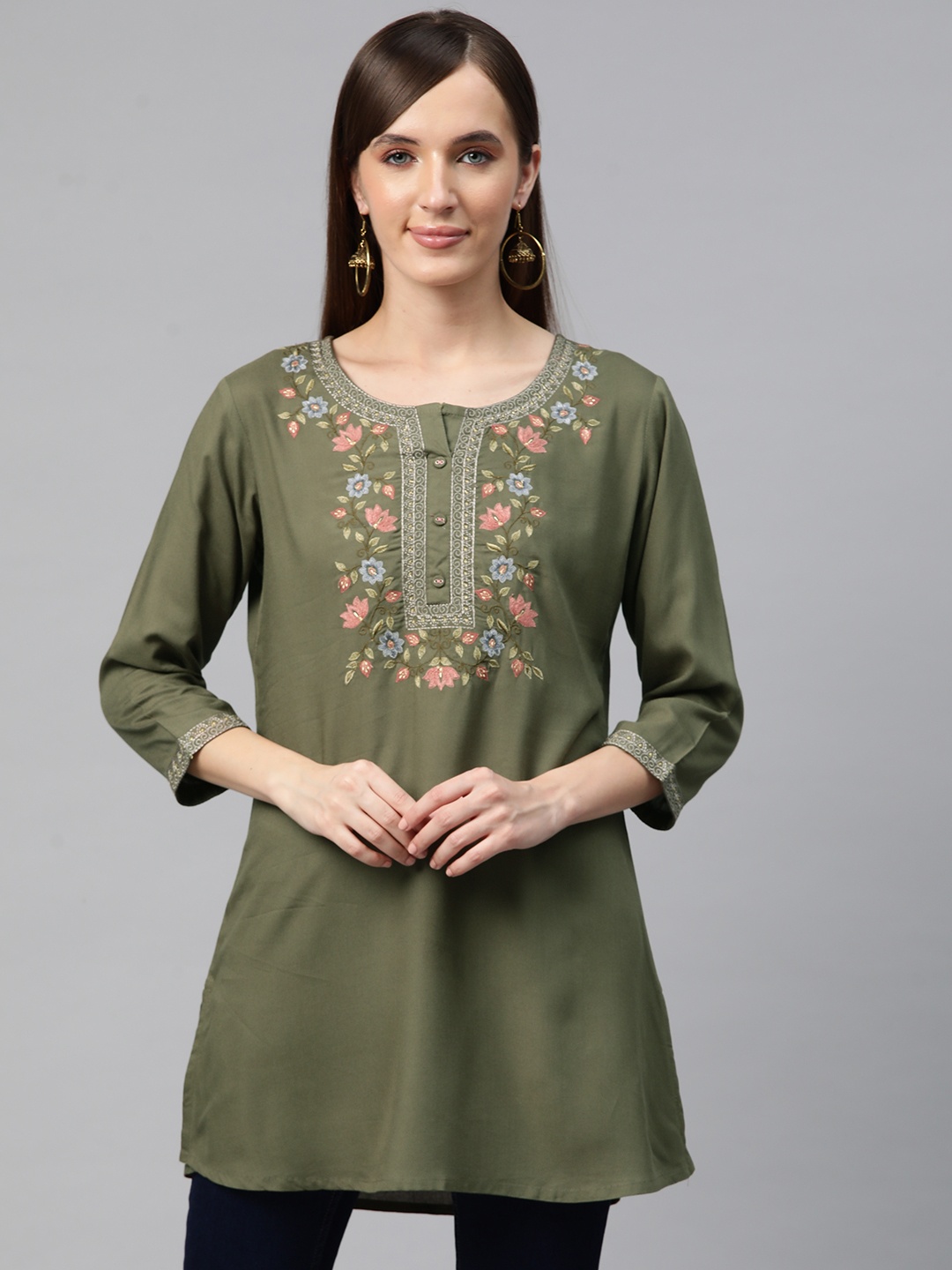 Readiprint Floral Yoke Design Kurti, Olive