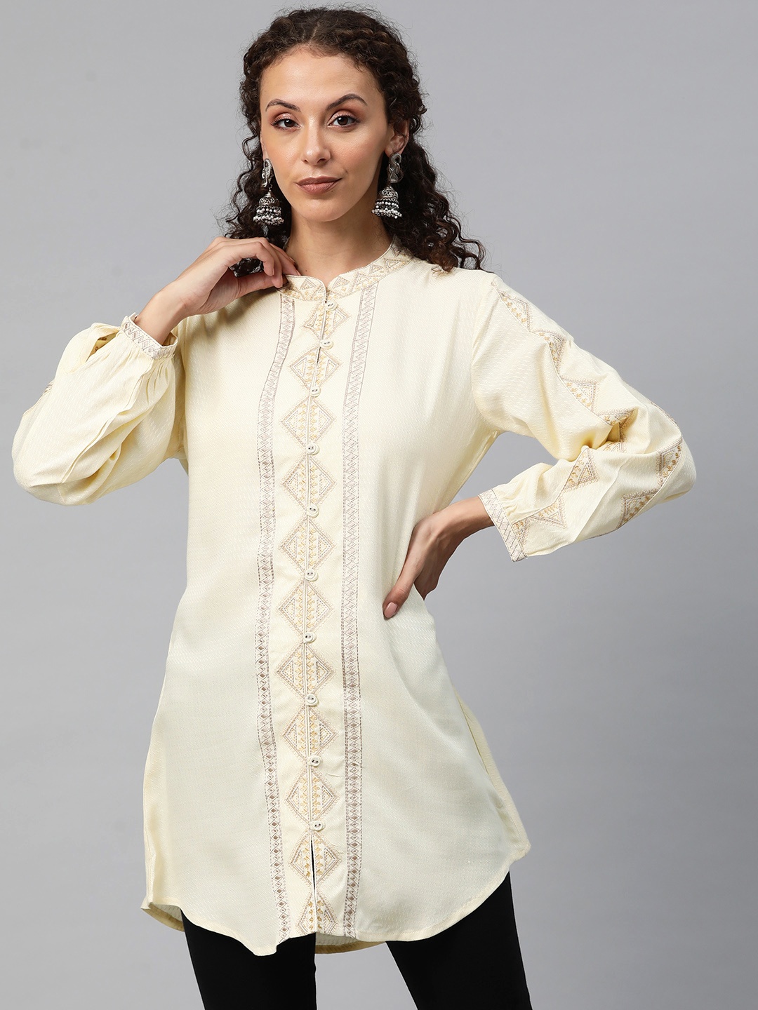 Readiprint Geometric Embroidered Thread Work Kurti, Cream