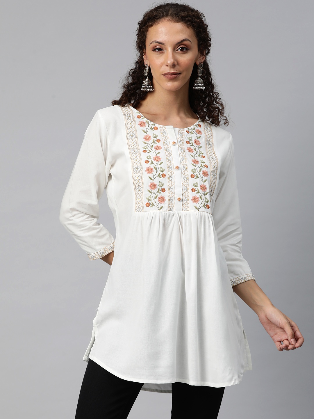 

Readiprint Fashions Floral Embroidered Pleated Kurti, White