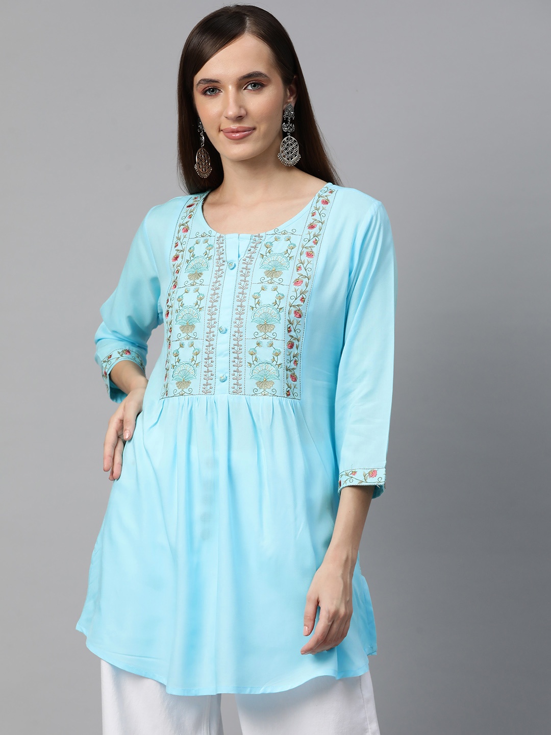 

Readiprint Floral Embroidered Pleated Kurti, Blue