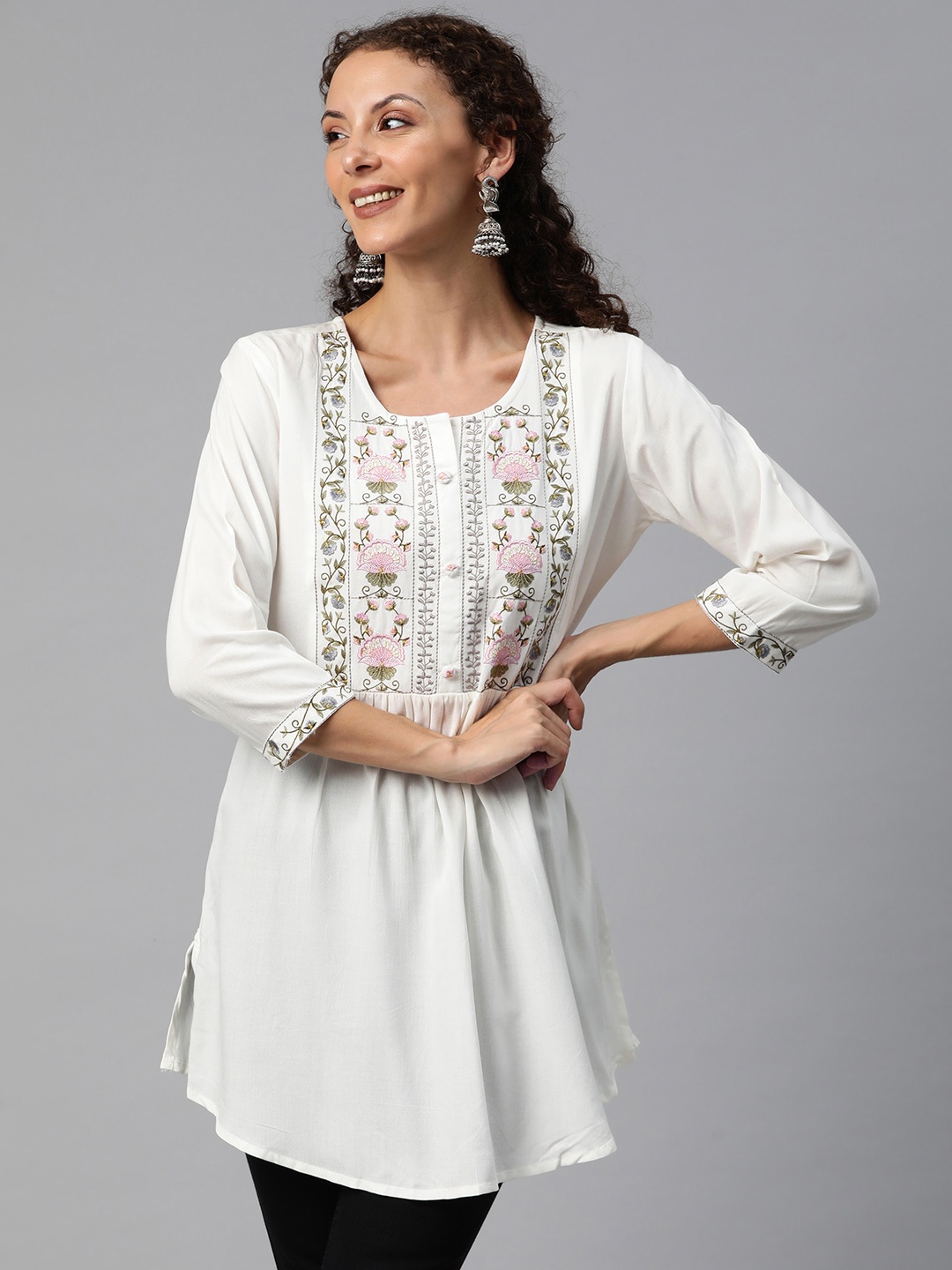

Readiprint Fashions Floral Embroidered Pleated Kurti, White