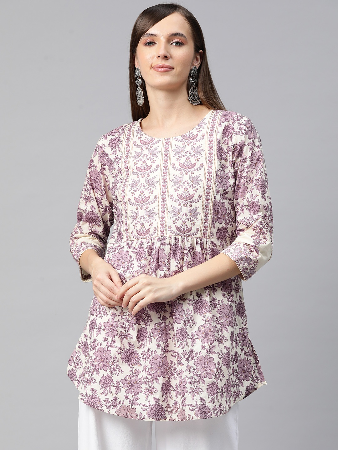 

Readiprint Floral Printed Thread Work Pure Cotton Pleated Kurti, Purple