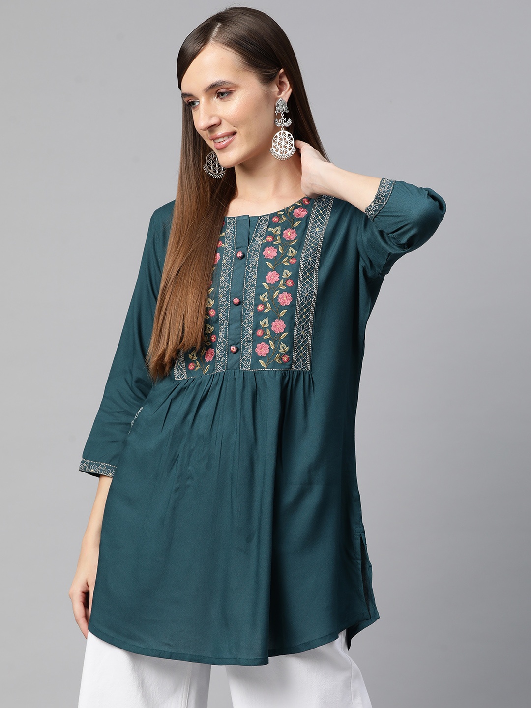 

Readiprint Fashions Floral Embroidered Pleated Kurti, Teal