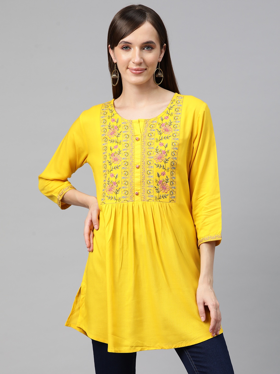 

Readiprint Fashions Floral Embroidered Pleated Kurti, Yellow