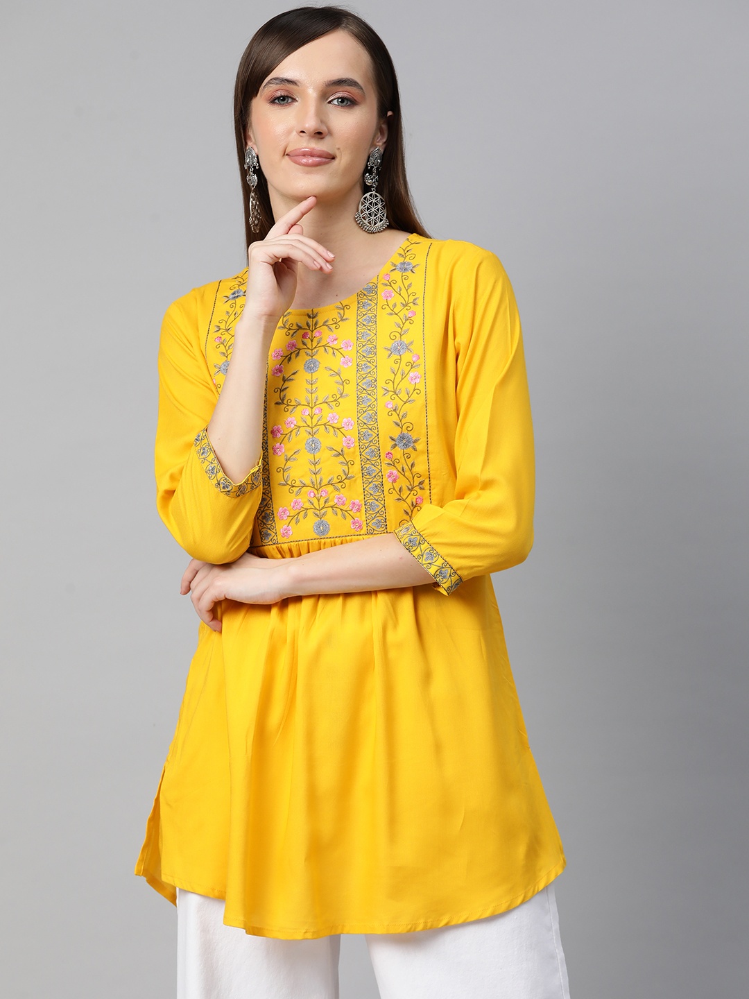 

Readiprint Fashions Floral Embroidered Pleated Kurti, Yellow
