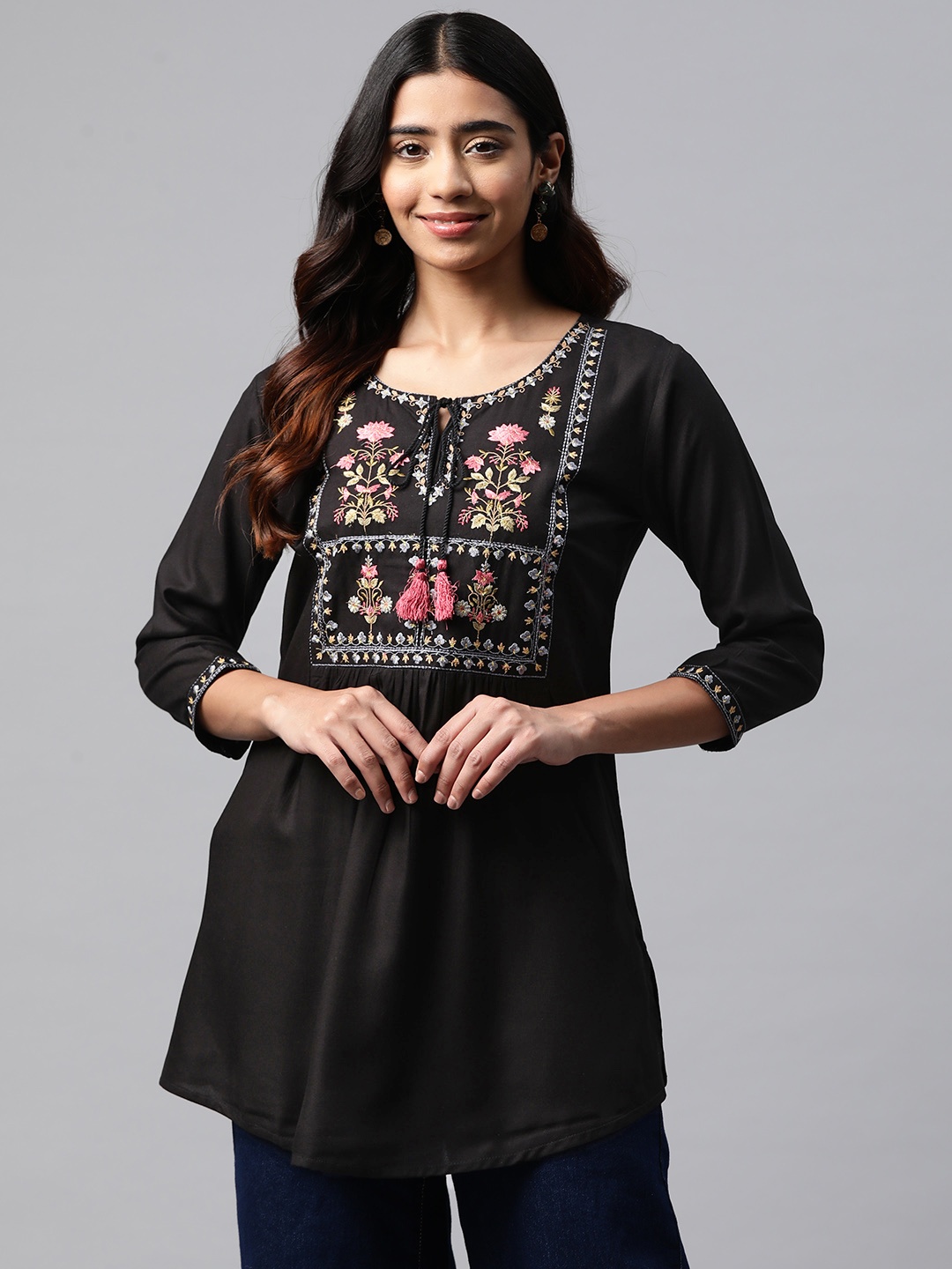 

Readiprint Fashions Floral Embroidered Thread Work Kurti, Black