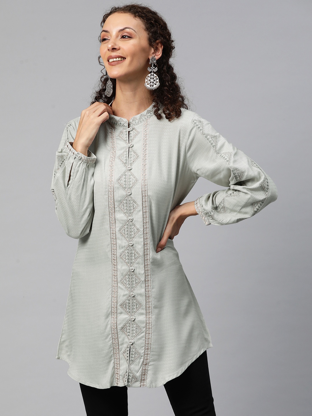 

Readiprint Geometric Embroidered Shirt Style Kurti, Grey