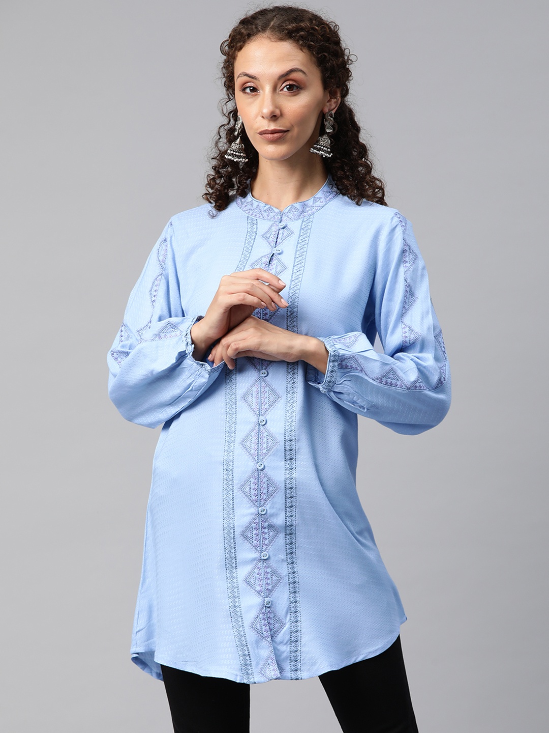 Readiprint Geometric Embroidered Shirt Style Kurti, Blue
