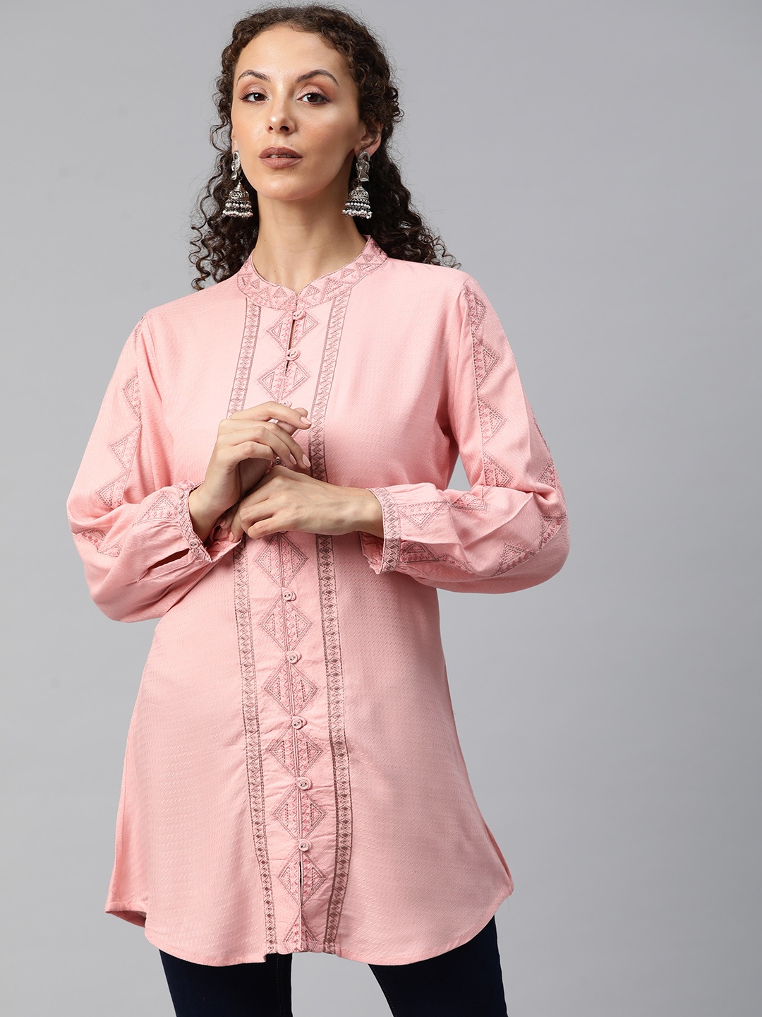 

Readiprint Geometric Embroidered Shirt Style Kurti, Pink